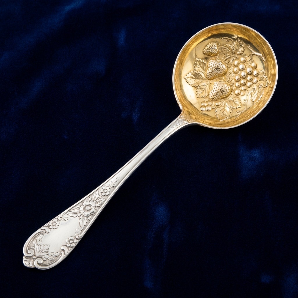 AI生成的维多利亚时期精美的浆果勺示意图，内壁镀金配以浮雕水果图案